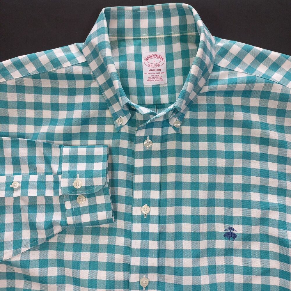 Brooks Brothers Amercian Supima Cotton Shirt Mens L Teal white Gingham Non-Iron